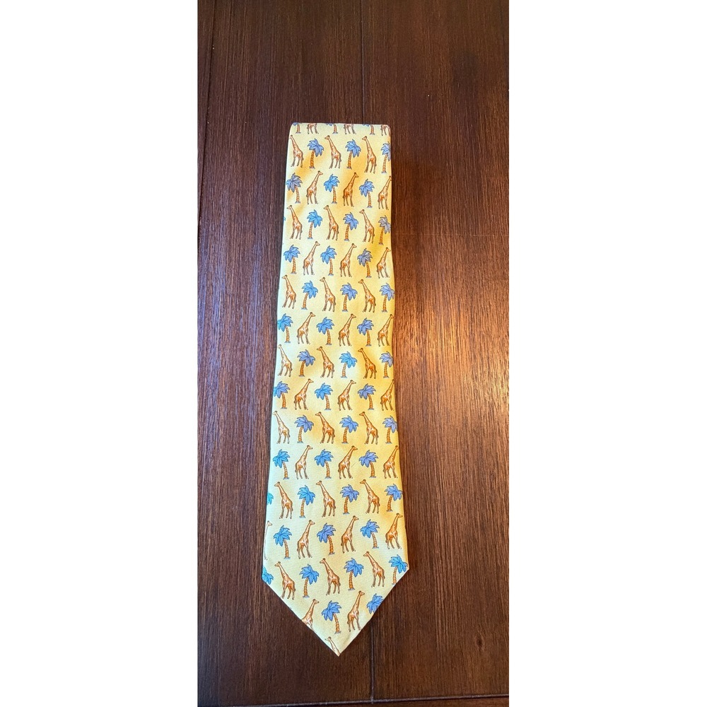 Banana Republic Mens Silk Tie Giraffe Palm Tree Animal Print Yellow Italy